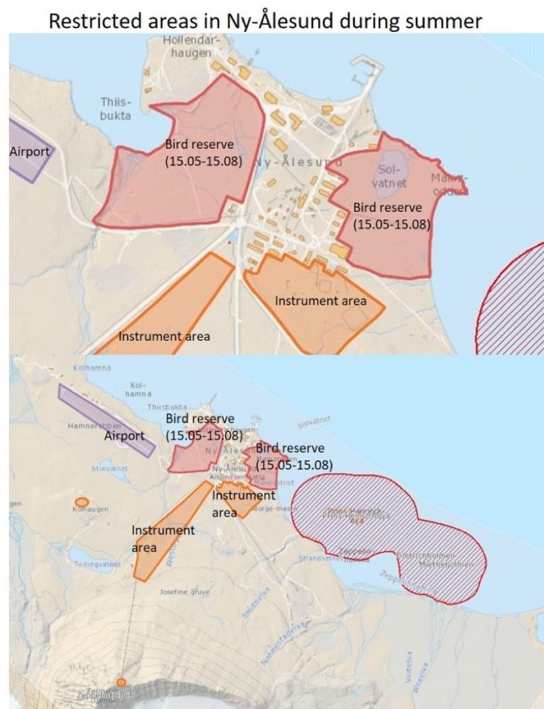 Map of instrument areas and bird reserves around Ny-Ålesund in summer